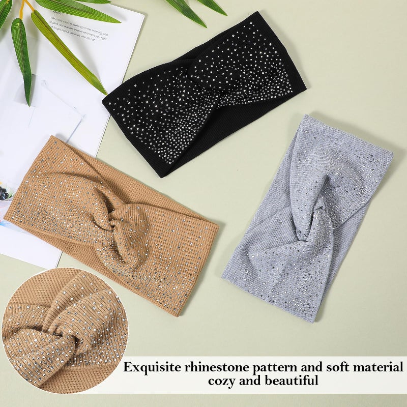 MBAIYO 3Pcs Sparkly Crystal Headband, Elastic Rhinestone Wide Headbands, Sparkly Crystal African Turban Wraps Stretchy Sequin Wide Head Wraps Sport Hair Bands for Women(Black Khaki Light Gray) - Image 3